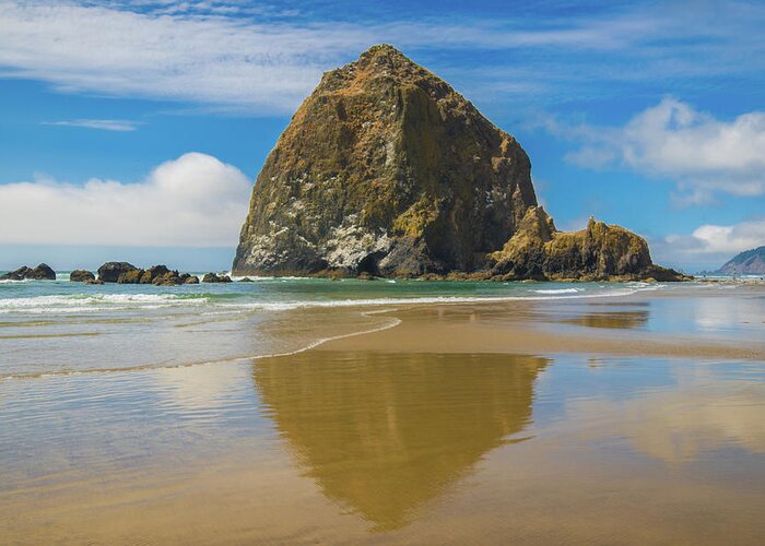 Beach Greeting Card featuring the photograph Haystack Rock Reflection by Matthew DeGrushe