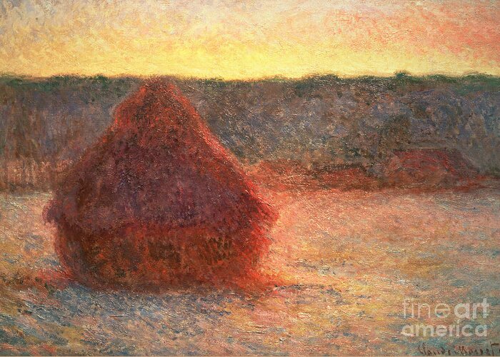 Haystacks At Sunset Greeting Card featuring the painting Haystacks at Sunset by Claude Monet