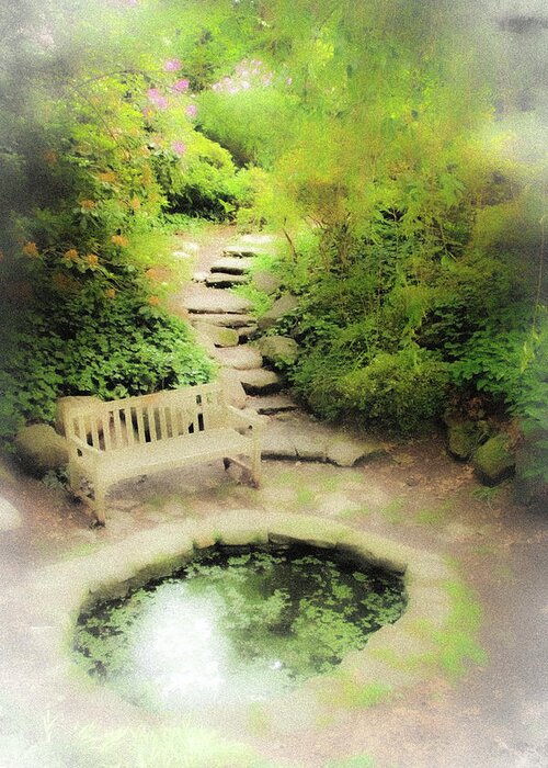 Pond Water Bench Stone Steps Fog Greeting Card featuring the photograph Hazy Pond by John Linnemeyer