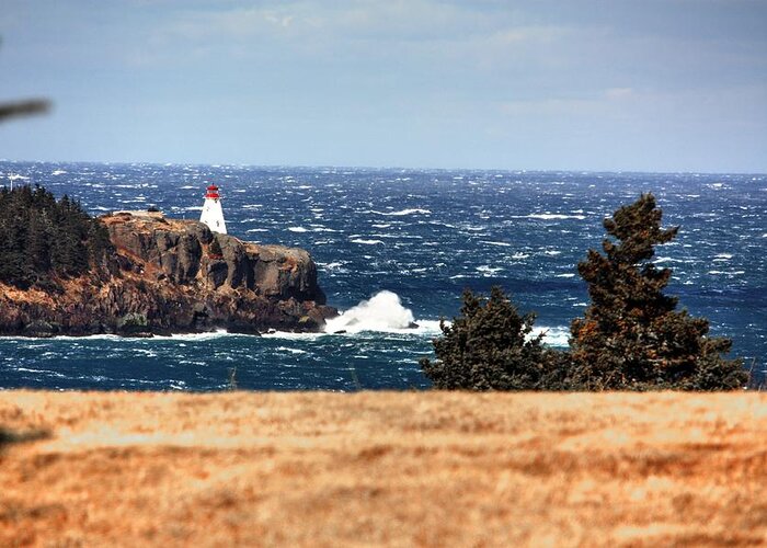 Boars Head Lighthouse The Bay Of Fundy Storm Gale Sea Ocean Waves Rocks Windy Waves Rough Petit Passage Ferry Greeting Card featuring the photograph Head Land by David Matthews