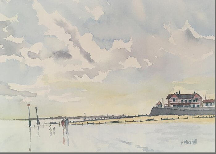 Watercolour Greeting Card featuring the painting Heading for my Local - Marine Bar in Hornsea by Glenn Marshall