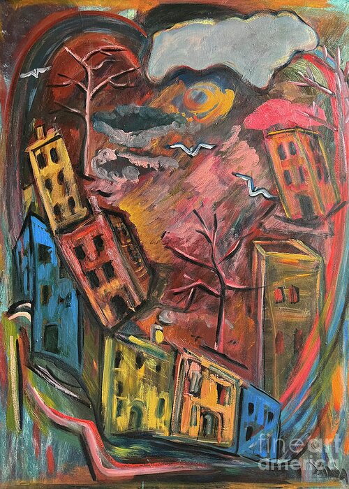 Artist Katt Yanda Greeting Card featuring the painting Heart of the City by Katt Yanda