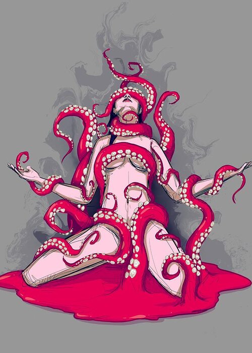 Octopus Greeting Card featuring the drawing Heart of the Devil by Ludwig Van Bacon