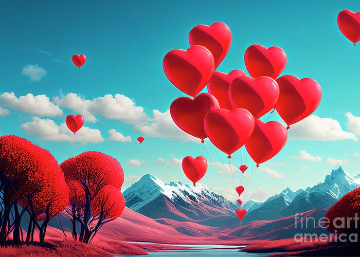 Heart Greeting Card featuring the digital art Heart shape balloons flying in the sky by Jelena Jovanovic