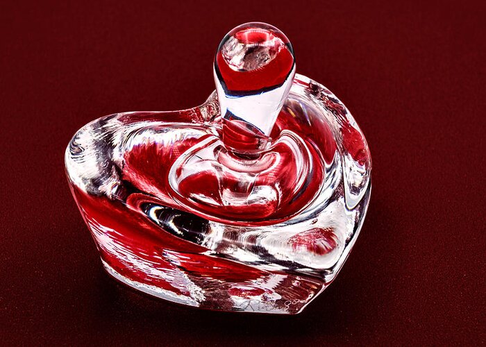 Bottle Greeting Card featuring the photograph Heart Shaped Glass Perfume Bottle - Red by Stuart Litoff