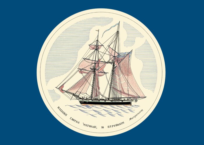 Historic Vessels Greeting Card featuring the drawing Hellenic schooner Mathilde - miniature with colored border by Panagiotis Mastrantonis