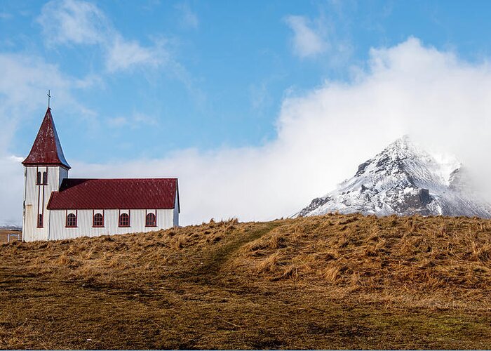 Iceland Greeting Card featuring the photograph Hellnar church in Snaefellsnes peninsula of Western Iceland. by Michalakis Ppalis
