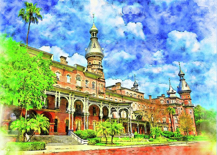 Henry B. Plant Museum Greeting Card featuring the digital art Henry B. Plant Museum in Tampa, Florida - pen and watercolor by Nicko Prints