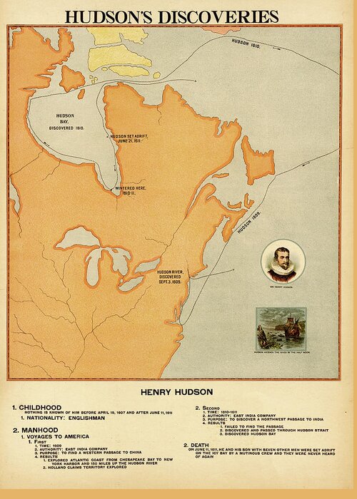 Usa Greeting Card featuring the drawing Henry Hudsons Discoveries by Vintage Maps
