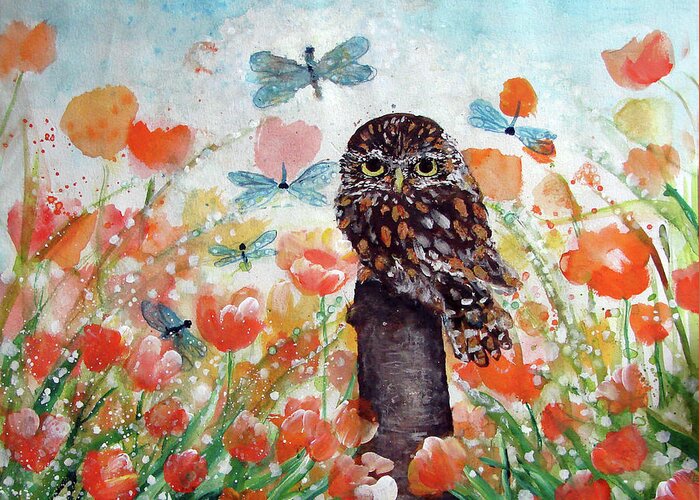 Here's Looking At You The Owl And The Dragon Flies Greeting Card featuring the painting Here's Looking at YOU The Owl and the Dragonflies by Ashleigh Dyan Bayer