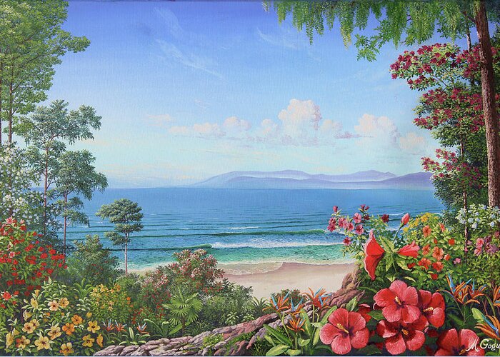Hibiscus Greeting Card featuring the painting Hibiscus and Birds of Paradise by Michael Goguen