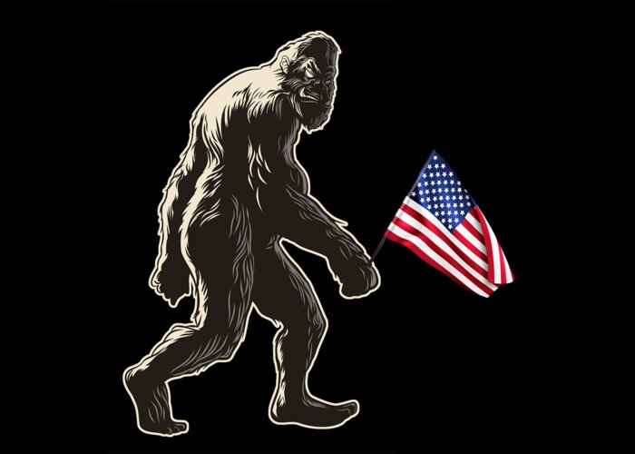 T Shirt Greeting Card featuring the painting Hide and Seek World Champion USA Flag Shirt Bigfoot is Real Funny Tees Short-Sleeve Big Foot Flag by Tony Rubino