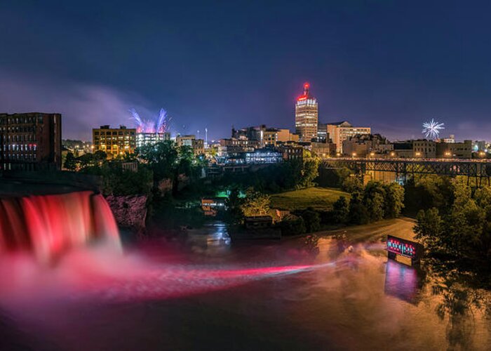 Landscape Greeting Card featuring the photograph High Falls Light Show by Mark Papke
