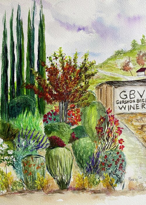 Gershon Bachus Vintners Greeting Card featuring the painting Hill to the Barrel Room at GBV by Roxy Rich