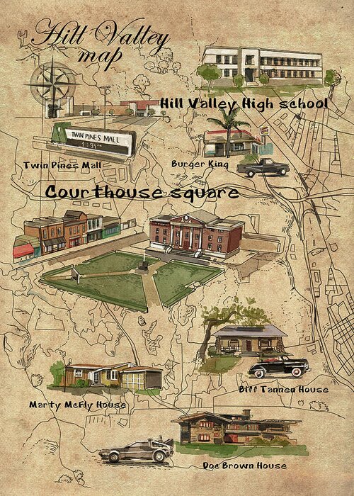 Map Greeting Card featuring the digital art Hill Valley Movie Map by Bekim M
