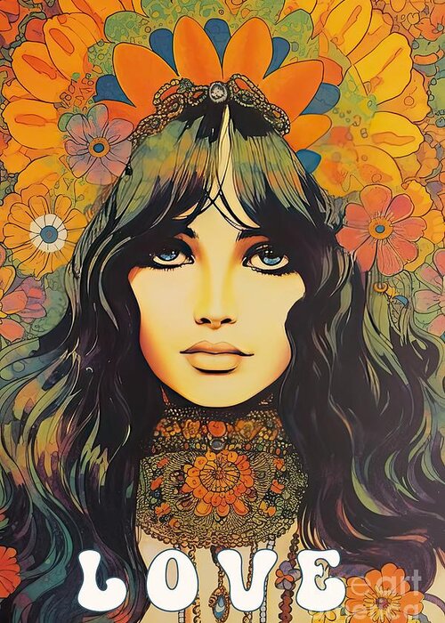 Seventies Greeting Card featuring the painting Hippie Chix VI by Mindy Sommers