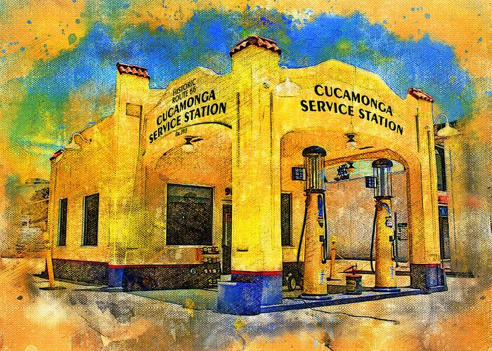 Cucamonga Service Station Greeting Card featuring the digital art Historic Route 66 Cucamonga Service Station, in Rancho Cucamonga, California by Nicko Prints