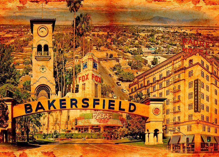 Bakersfield Greeting Card featuring the digital art Historical buildings of Bakersfield, California, blended on old paper by Nicko Prints