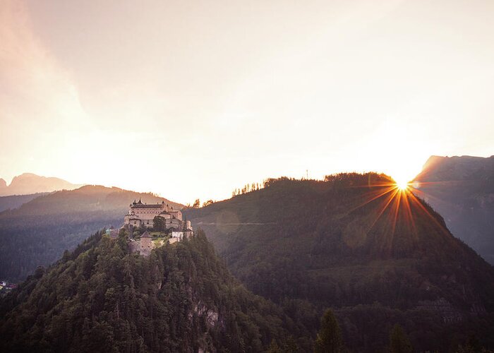 Reconstruction Greeting Card featuring the photograph Hohenwerfen Castle at sunset by Vaclav Sonnek