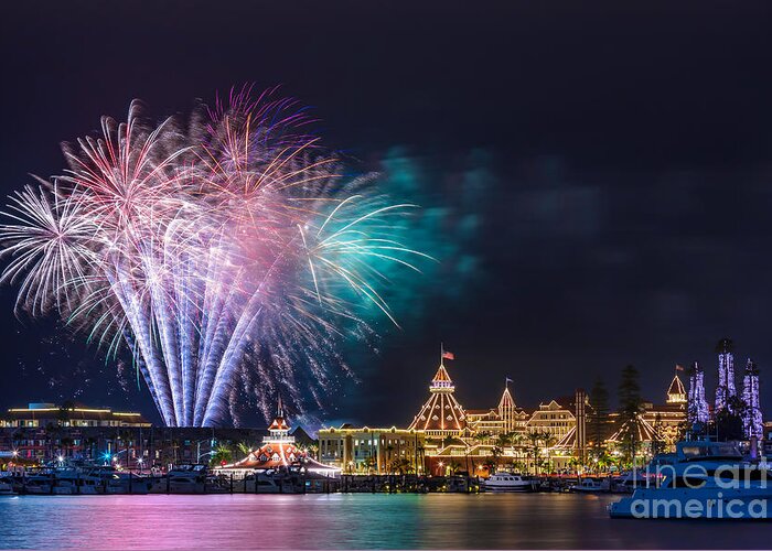 Festival Greeting Card featuring the photograph Holiday fireworks show at the historic Hotel del Coronado by Sam Antonio