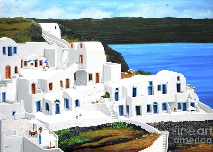 Santorini Greeting Card featuring the painting Holiday In Santorini by Mary Grden