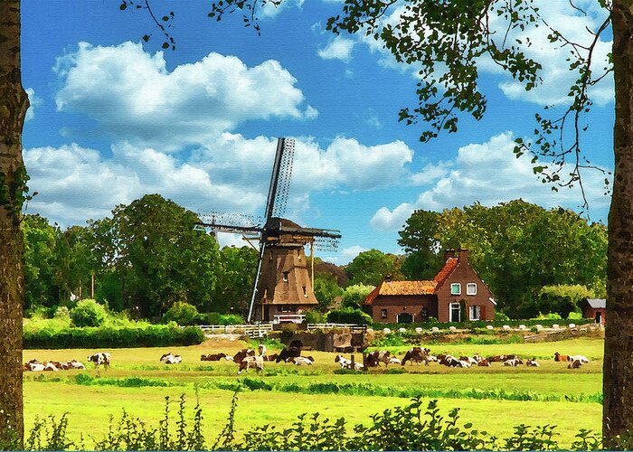 Holland Greeting Card featuring the digital art Holland Dairy Farm, Watercolor on Canvas by Ron Long Ltd Photography