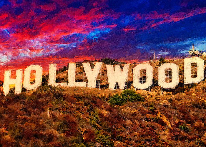 Hollywood Greeting Card featuring the digital art Hollywood sign in the sunset light with a dramatic sky - digital painting by Nicko Prints