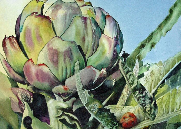 Artichoke Greeting Card featuring the painting Holy Chokes by Diane Fujimoto