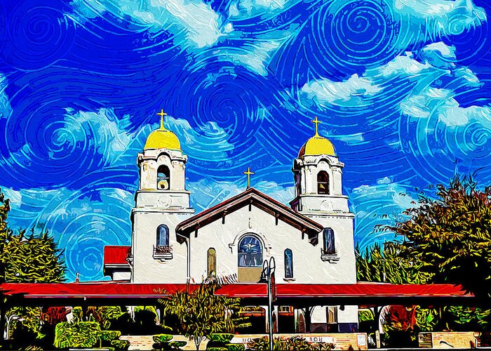 Holy Spirit Church Greeting Card featuring the digital art Holy Spirit Church in Fremont, California - impressionist painting by Nicko Prints