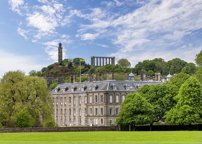 Edinburgh Greeting Card featuring the photograph Holyrood Palace with Nelson Monument and National Monument of Scotland by Melanie Viola
