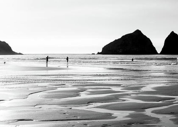 Cornwall Greeting Card featuring the photograph Holywell Beach and Gull Rock Cornwall Coast black and white 2 by Sonny Ryse