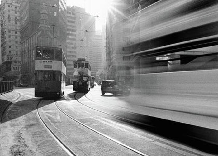 Panorama Greeting Card featuring the photograph Hong Kong island trams black and white by Sonny Ryse