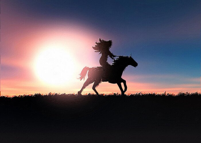 Horse Greeting Card featuring the painting Horse Rider Sunset The West by Tony Rubino