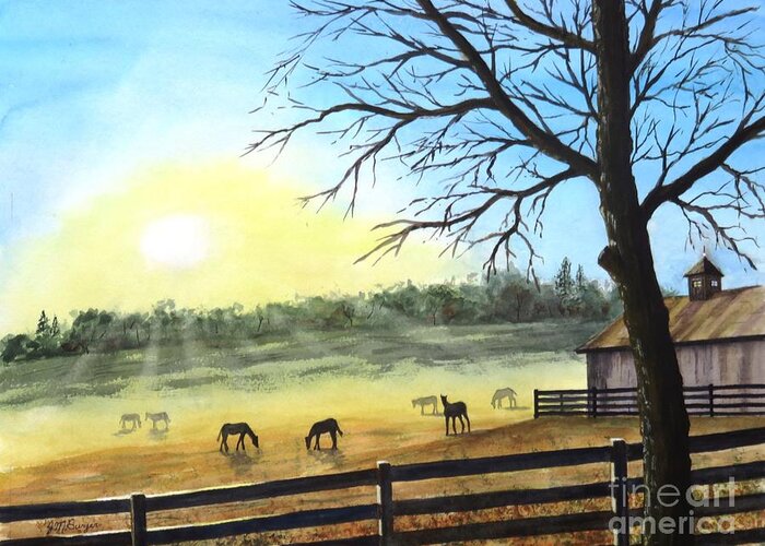 Horses Greeting Card featuring the painting Horses at Sunrise by Joseph Burger