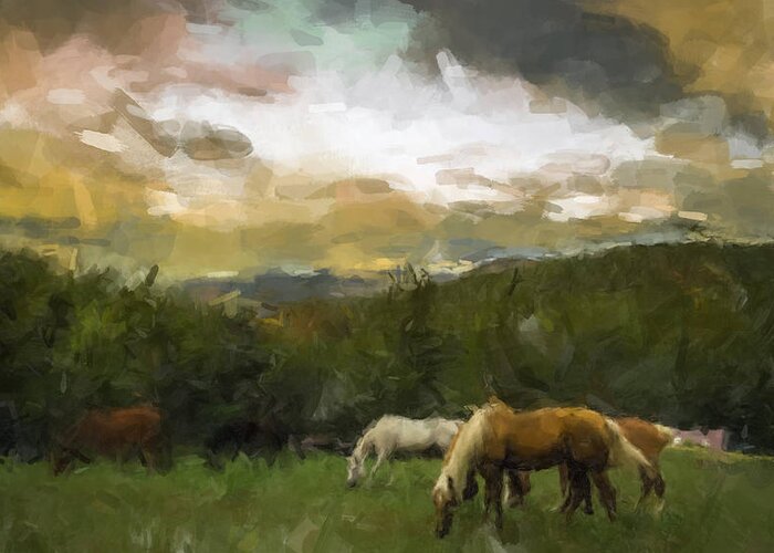 Horses Greeting Card featuring the painting Horses Grazing by Gary Arnold