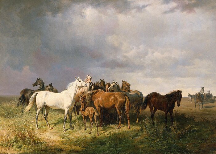 Franz Adam Greeting Card featuring the painting Horses in the Puszta by Franz Adam