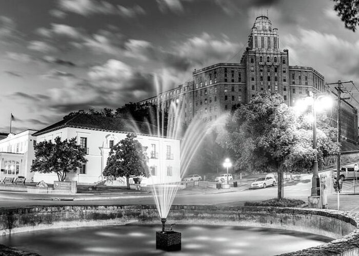 America Greeting Card featuring the photograph Hot Springs Arkansas Skyline and Fountain Panorama - Black and White by Gregory Ballos