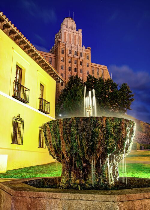 Hot Springs Greeting Card featuring the photograph Hot Springs Fountain and Old Military Hospital at Dusk by Gregory Ballos
