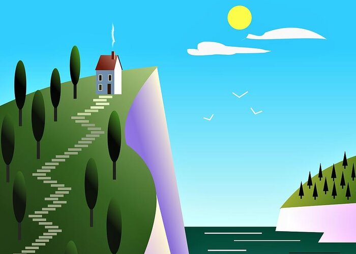 House Greeting Card featuring the digital art House at the edge of the cliff by Fatline Graphic Art