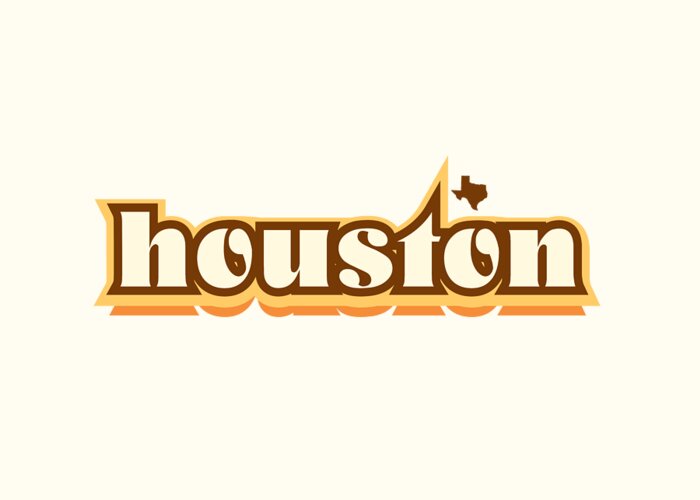 Jan M Stephenson Designs Greeting Card featuring the digital art Houston Texas - Retro Name Design, Southeast Texas, Yellow, Brown, Orange by Jan M Stephenson
