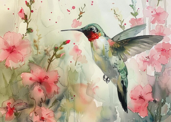 Hummingbird Greeting Card featuring the painting Hovering In The Hibisbus by Tina LeCour