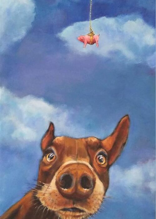 Doberman Greeting Card featuring the painting How The Pig Really Learned To Fly by Jean Cormier