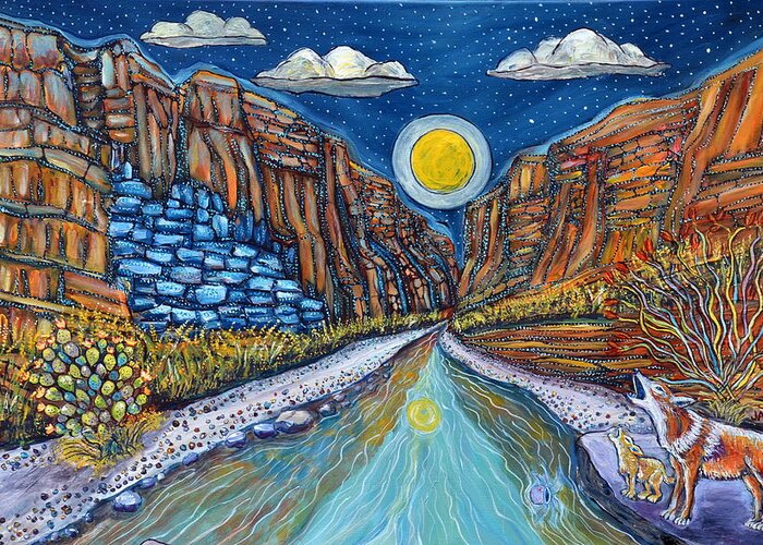 Big Bend Greeting Card featuring the painting Howlin at the Santa Elena Moon by James Mangum