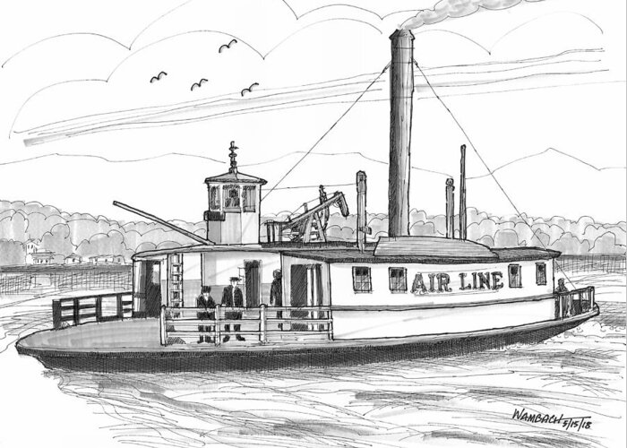 Airline Ferry Boat Greeting Card featuring the drawing Hudson River Steam Ferry Boat Airline by Richard Wambach