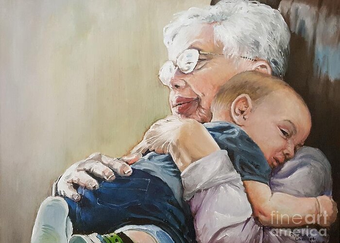 Hug Greeting Card featuring the painting Hugs from Great Grandma by Merana Cadorette