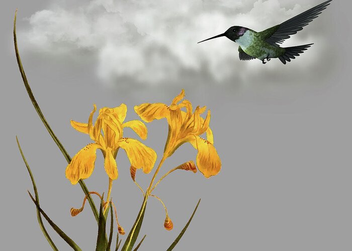 Hummingbird Greeting Card featuring the digital art Hummingbird In The Garden Pane 5 by David Dehner