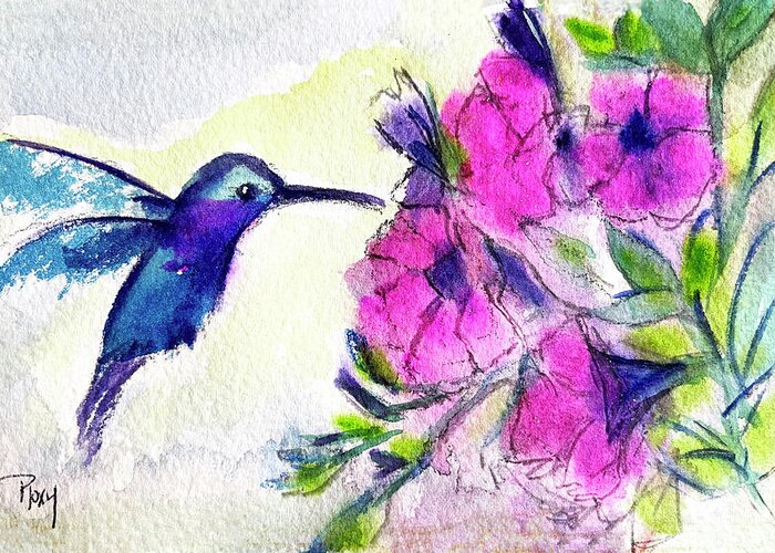 Hummingbird Greeting Card featuring the painting Hummingbird at the Pink Flowers by Roxy Rich