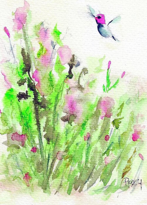 Hummingbird Greeting Card featuring the painting Hummingbird in the Red Salvia by Roxy Rich