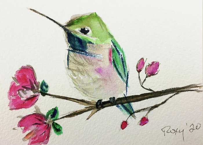 Hummingbird Greeting Card featuring the painting Hummingbird on Cherry Blossoms by Roxy Rich