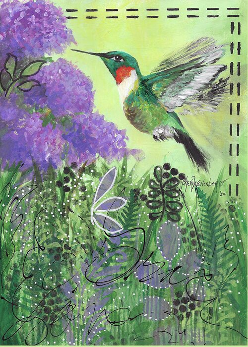 Mixed Media Art Greeting Card featuring the painting Hummingbird Out My Window by Cheri Wollenberg